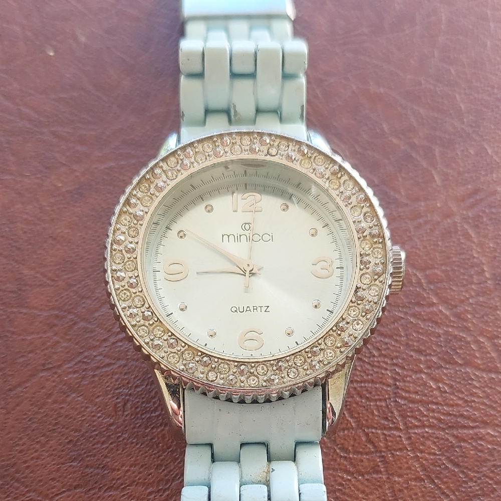 Minicci Quartz Watch Rhinestone Bezel Light Blue Band Japan Movt